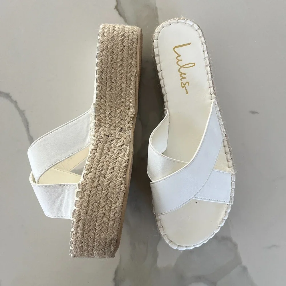 Lulus Womens Espadrille Sandals White Kahli Platform Slip On Boho Shoes Sz 6.5